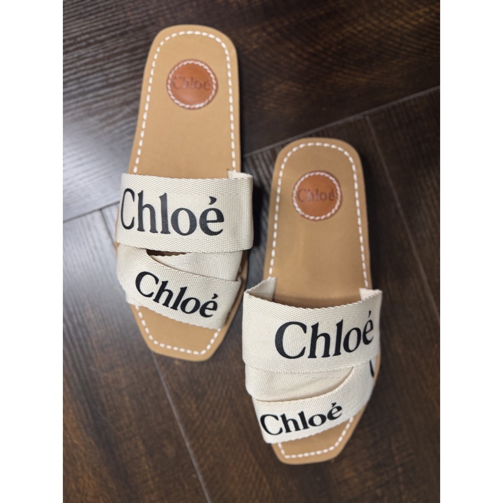 Chloe Woody Logo Slide Sandals Beige Cream Canvas Crossover Size 41 US 9